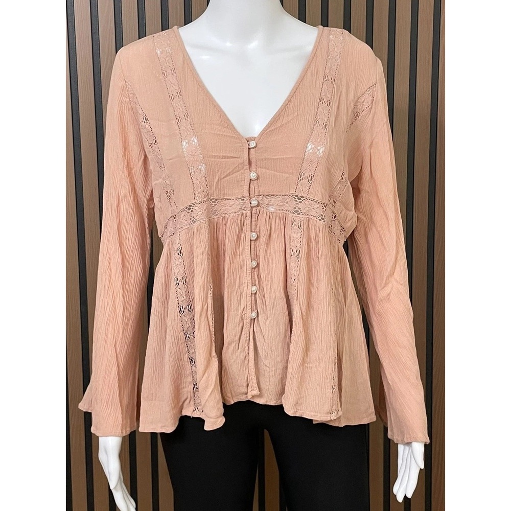 American Eagle Outfitters Women's S Pink Blouse‎ Viscose Romantic Boho Peasant